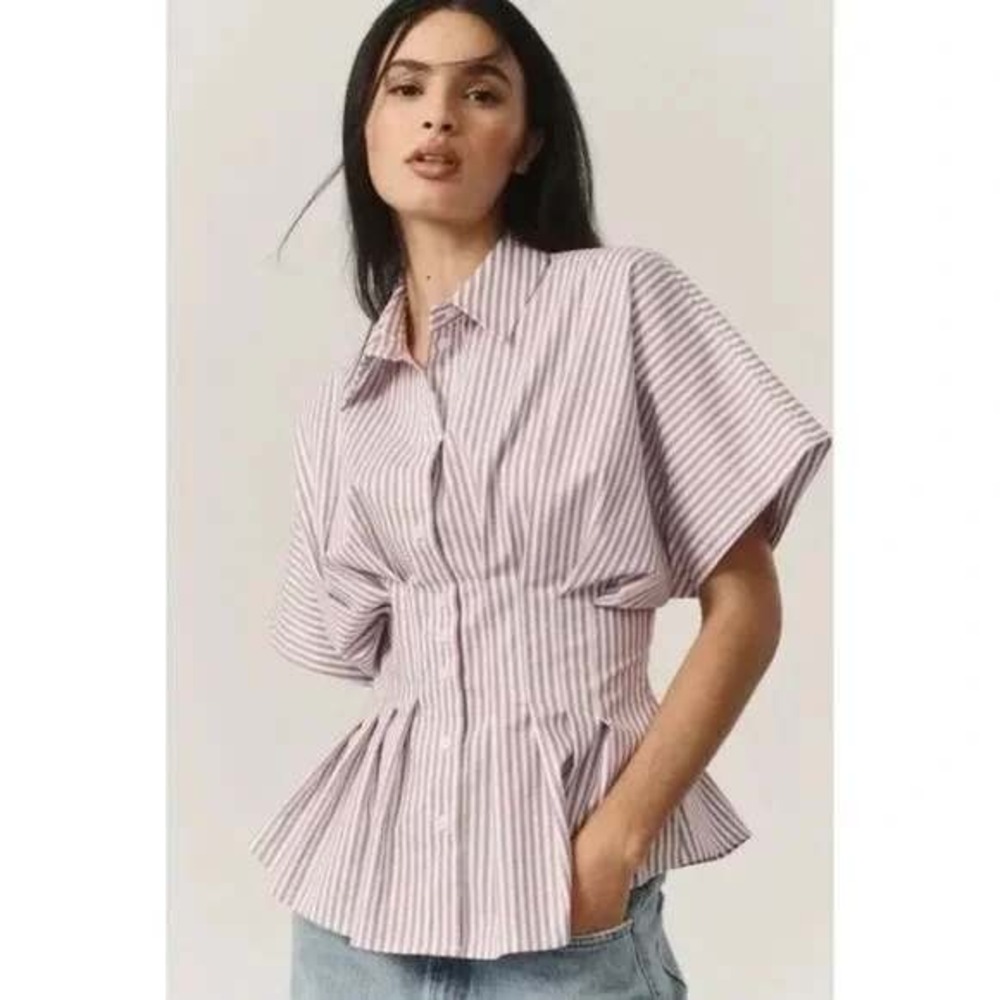 Anthropologie Exquise The Tobie Pleated Blouse Short-Sleeve Purple Stripe‎ 2X